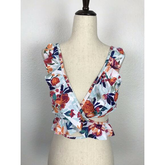 Verano Playa Floral Multicolor Ruffled Strappy Bikini Top Swimsuit - Picture 1 of 9